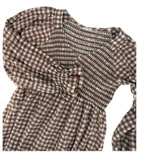 Jodifl Brown Gingham Smocked English Countryside Cottage Farmhouse 100% Cotton